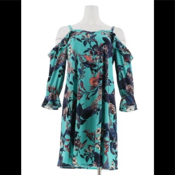 Du Jour Dresses & Skirts - Du Jour V-Neck Floral Cold Shoulder Knit Dress M